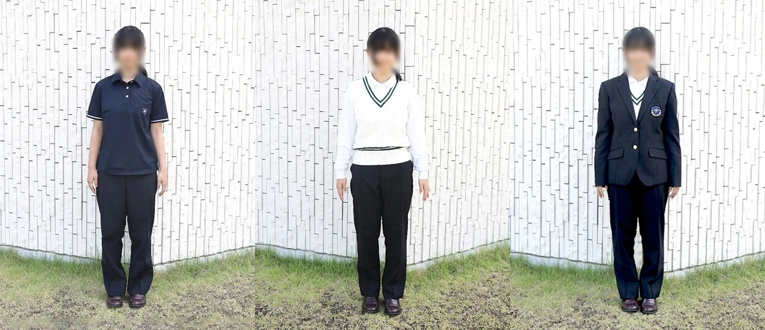 秀岳館高校の制服スラックススタイル3種(夏服ポロシャツ・ニットベスト・冬服ブレザー)