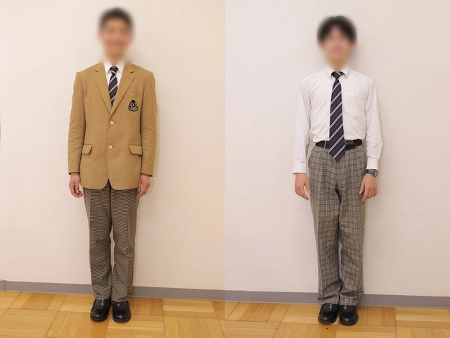 高田高等学校6年制コースの男子制服。キャメル色ブレザーの冬服（左）と、白い半袖シャツにネクタイを合わせた夏服（右）の比較