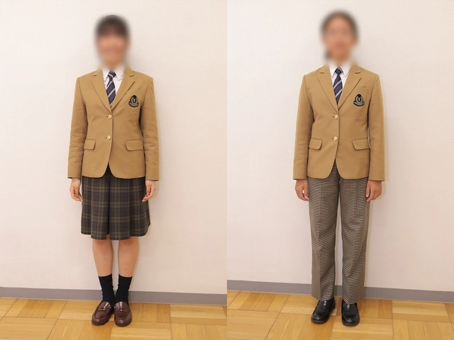高田高等学校6年制コースの女子冬服。女子用ブレザーに、チェック柄スカート（左）とチェック柄スラックス（右）を合わせた2つのスタイル