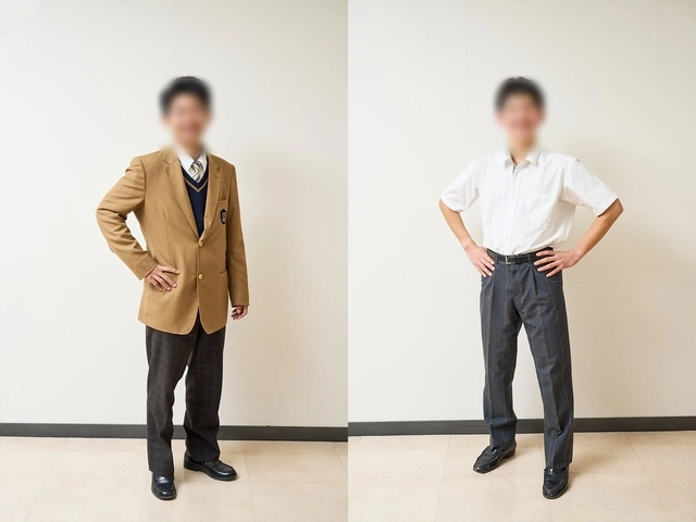 高田高等学校3年制コースの男子制服。ブレザーの冬服（左）と白い半袖シャツの夏服（右）の比較