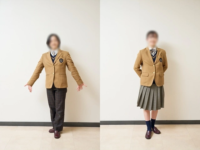 高田高等学校3年制コースの冬服を正面から。左は男子用ブレザーにチェック柄スラックス、右は女子用ブレザーにチェック柄スカート。ブレザー・ボトムスとも男女で別アイテム