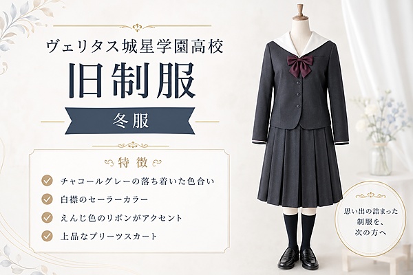 ヴェリタス城星学園高校（旧・城星学園）の旧制服・冬服｜チャコールグレーのジャンパースカートとエンジ色リボン
