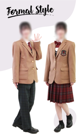 山口中村学園高等学校（旧・中村女子高等学校）の制服 フォーマルスタイル｜キャメルのブレザーに赤チェックスカートとグリーンチェックのスラックス