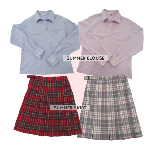 山口中村学園高等学校（旧・中村女子高等学校）の夏服｜サマーブラウス（ブルー・ピンク）とサマースカート（赤チェック・グレーチェック）